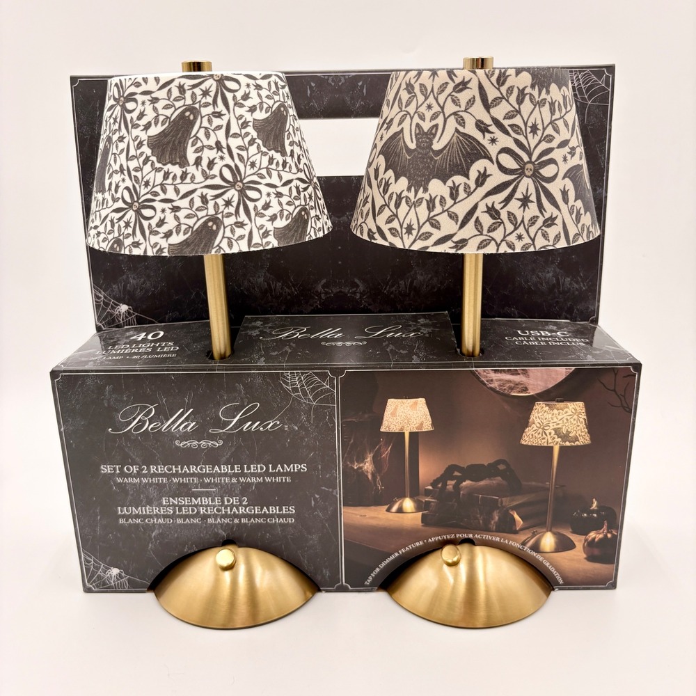 Bella Lux Halloween Toile Rechargeable LED Lamps Set 2 Gold Ghost Bat Spooky